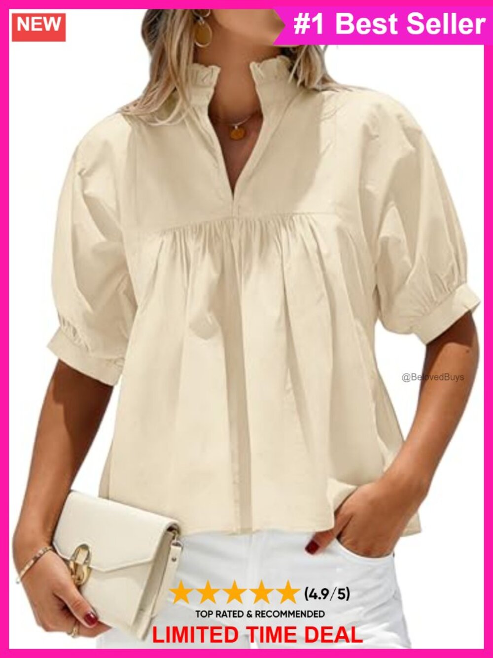 Womens Rayon Babydoll Blouse Ruffle V Neck Puff Sleeve Casual Work Top